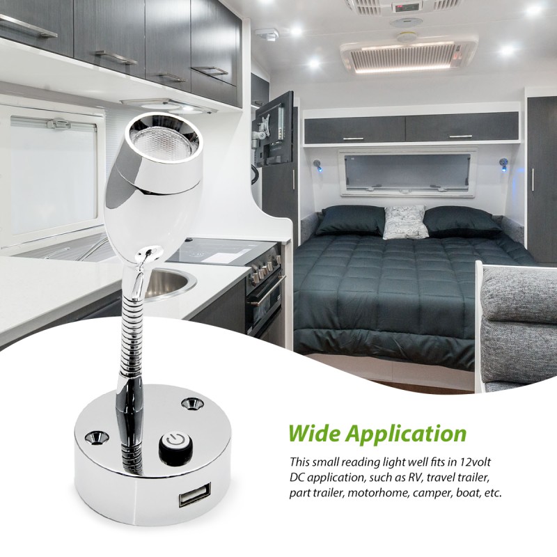 12V LED Flexible Bed Reading Light, RV Reading Light with USB Charging