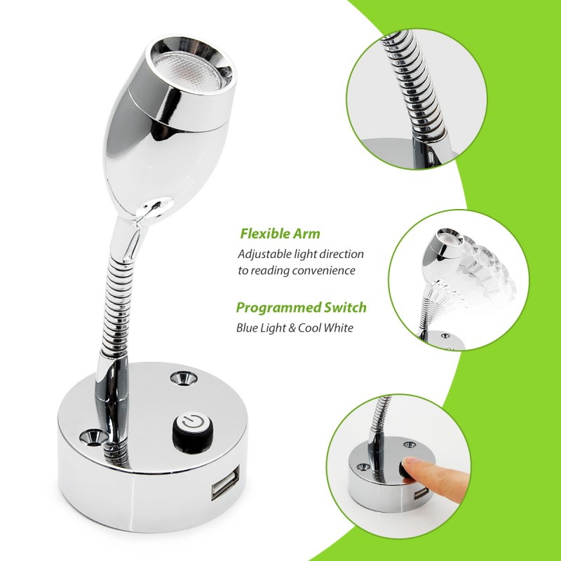 12V LED Flexible Bed Reading Light, RV Reading Light with USB Charging