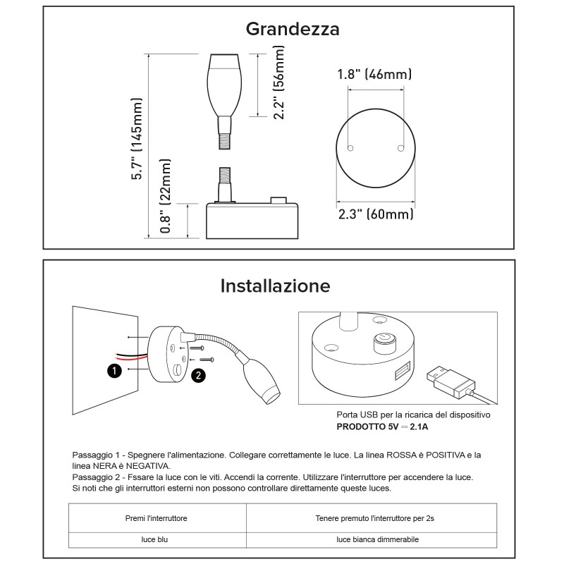 12V LED Flexible Bed Reading Light, RV Reading Light with USB Charging